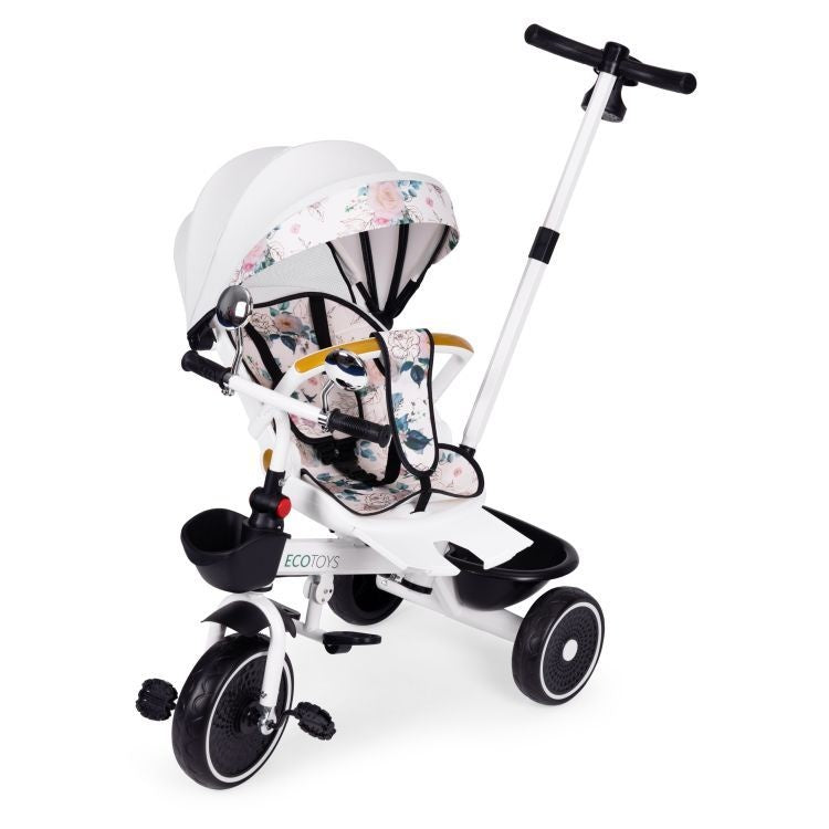 Tricikl za decu sa rotirajućim sedištem, gurajućim rukohvatom i tendom white, ECOTOYS