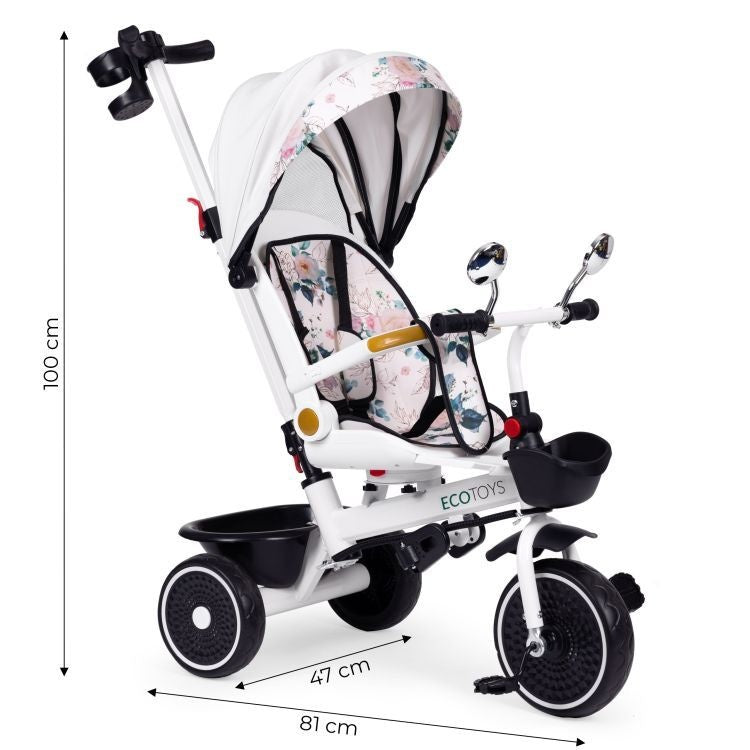 Tricikl za decu sa rotirajućim sedištem, gurajućim rukohvatom i tendom white, ECOTOYS