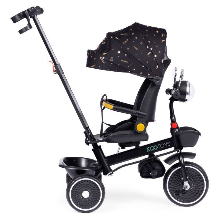 Tricikl za decu sa rotirajućim sedištem, gurajućim rukohvatom i tendom black, ECOTOYS