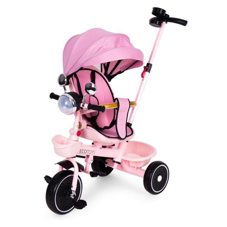 Tricikl za decu sa rotirajućim sedištem, gurajućim rukohvatom i tendom pink,ECOTOYS