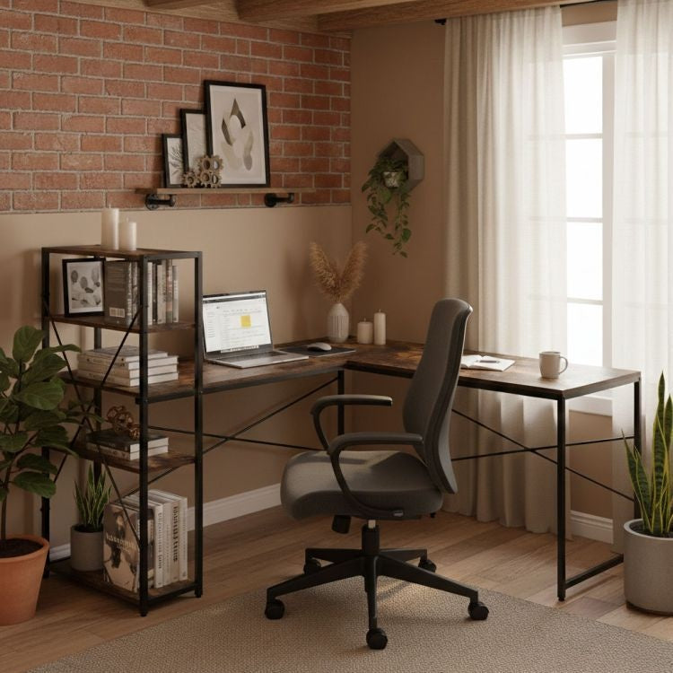 Ugaoni radni sto sa policama – Walnut LOFT ModernHome