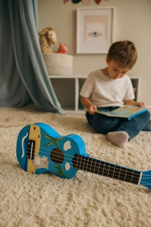 Ukulele drvena gitara za decu sa 4 najlonske žice i trzalicom plava – ECOTOYS