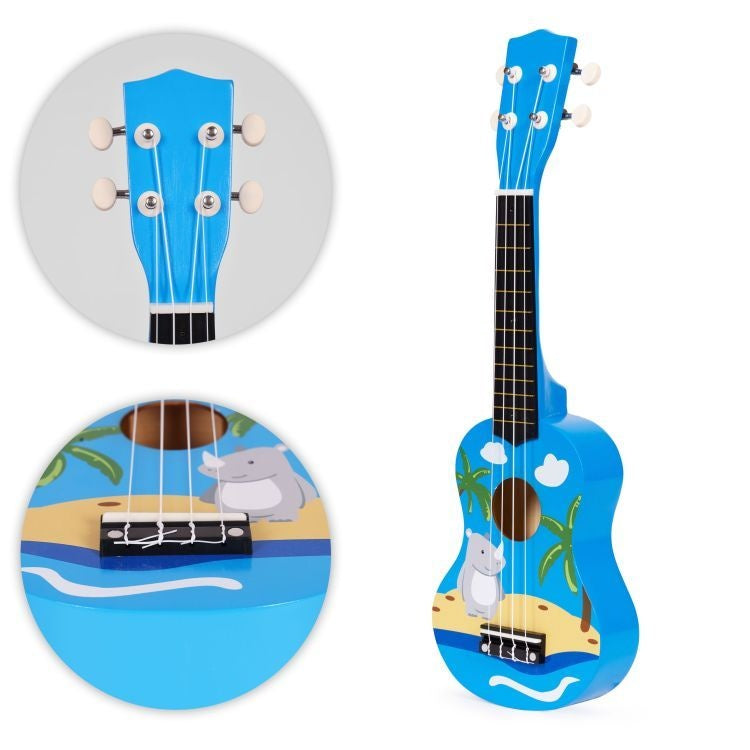 Ukulele drvena gitara za decu sa 4 najlonske žice i trzalicom plava – ECOTOYS