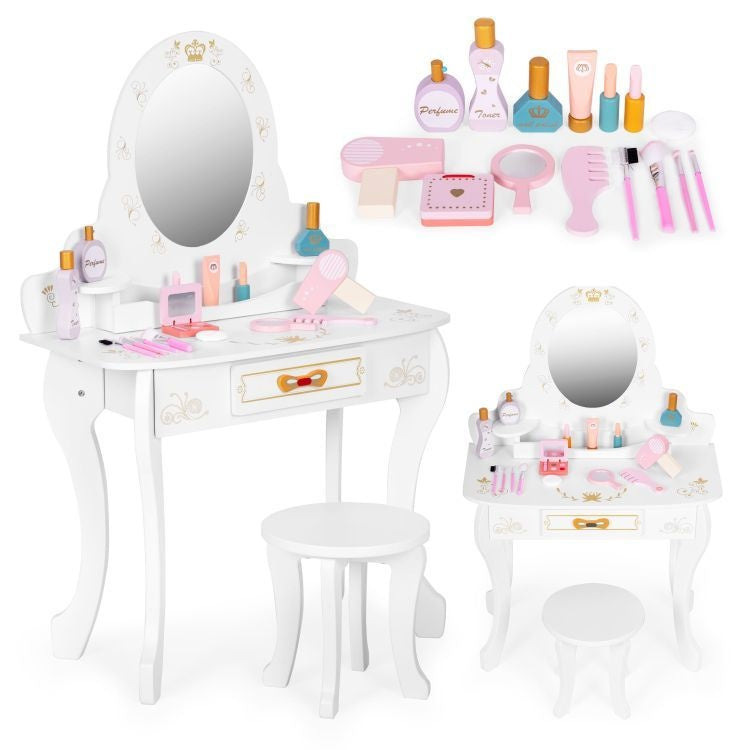 Veliki drveni toaletni sto za decu sa ogledalom i roze dodacima, ECOTOYS