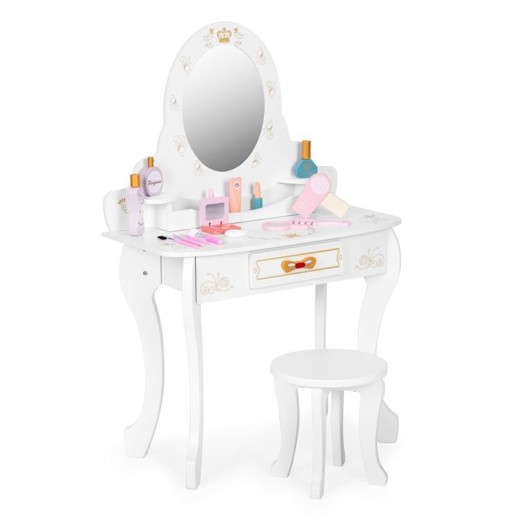 Veliki drveni toaletni sto za decu sa ogledalom i roze dodacima, ECOTOYS