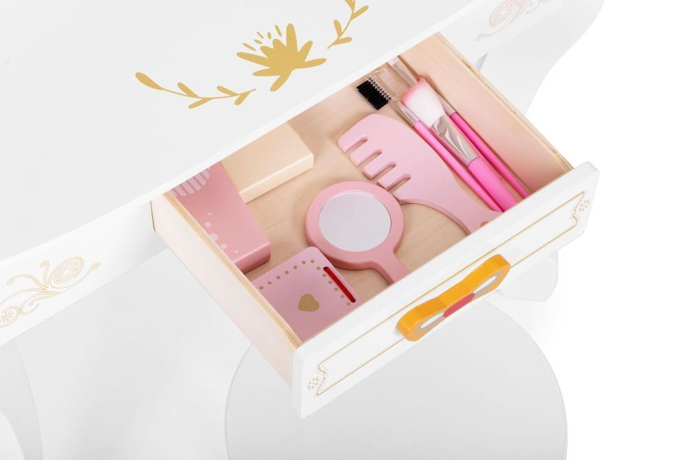 Veliki drveni toaletni sto za decu sa ogledalom i roze dodacima, ECOTOYS