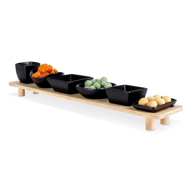 Vilde 139307 - Keramičke činije  na bambus dasci – Crne, 50 cm, set od 7 komada